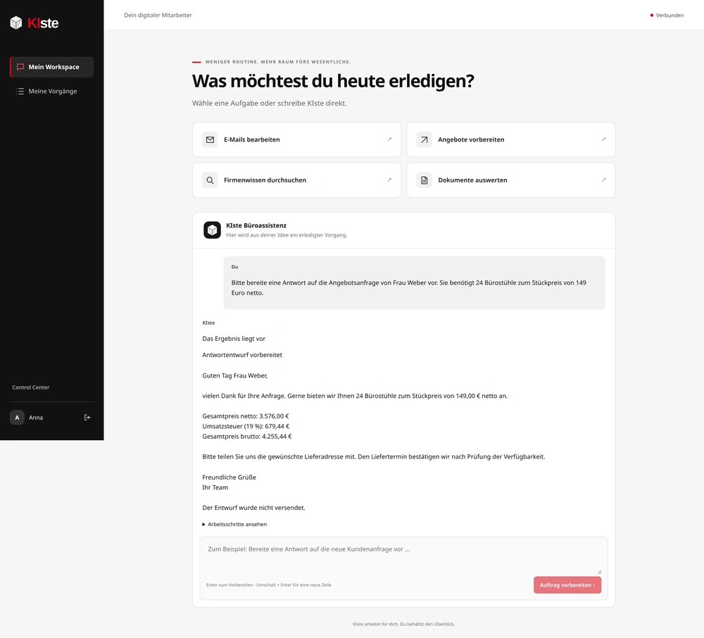 Vorbereiteter Antwortentwurf für eine beispielhafte Anfrage über 24 Bürostühle; noch nicht versendet