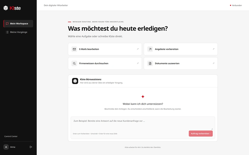 KIste-Arbeitsplatz mit den Aufgaben E-Mails, Angebote, Firmenwissen und Dokumente