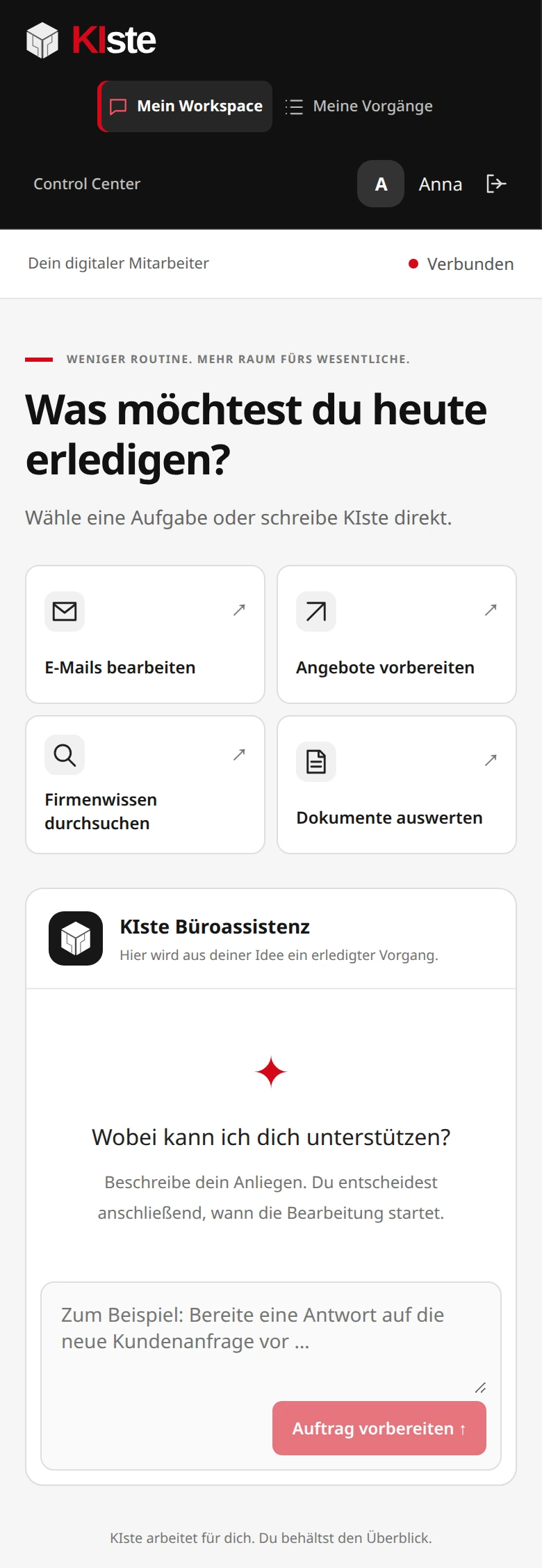 KIste-Arbeitsplatz in der Ansicht für einen schmalen Bildschirm