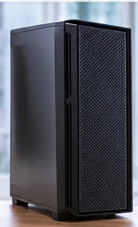 Beispiel eines schwarzen Tower-PCs mit Mesh-Front, seitlichem Fenster und ohne RGB-Beleuchtung